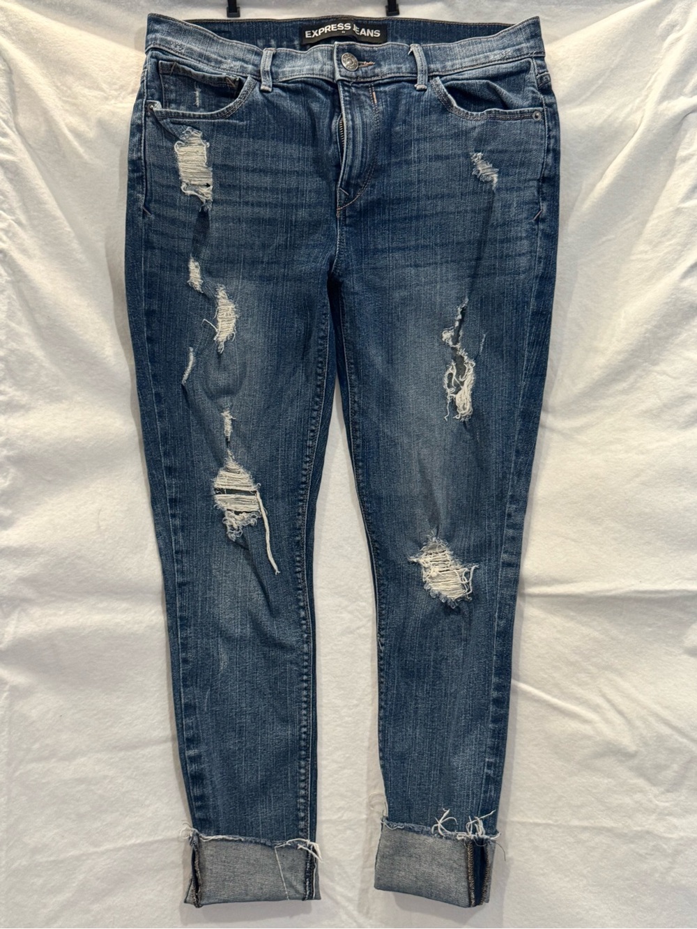 Express Distressed Skinny Jeans in Dark Blue Wash